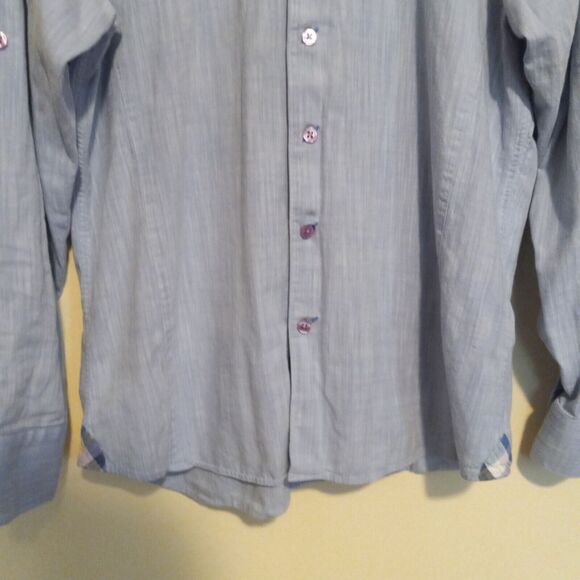 Via Uomo Button Front Shirt-Large-Reversible Cuffs-Roll Tab Sleeve-Contrast Trim - Picture 3 of 12